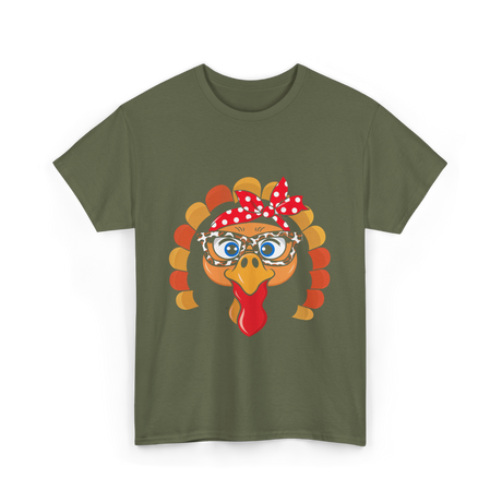 Turkey Face Leopard Print Thanksgiving T-Shirt - Military Green