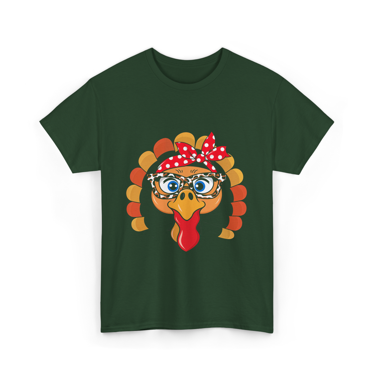 Turkey Face Leopard Print Thanksgiving T-Shirt - Forest Green