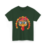 Turkey Face Leopard Print Thanksgiving T-Shirt - Forest Green