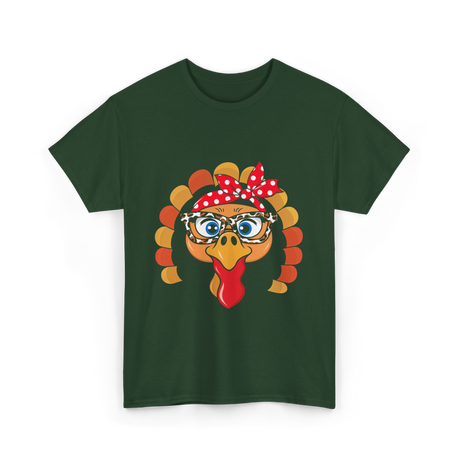 Turkey Face Leopard Print Thanksgiving T-Shirt - Forest Green