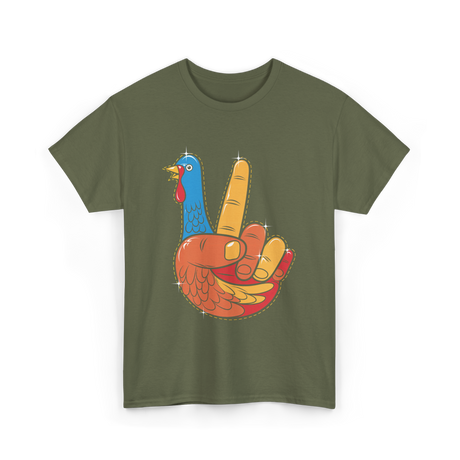 Turkey Peace Sign Thanksgiving Turkey T-Shirt - Military Green