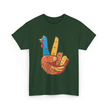 Turkey Peace Sign Thanksgiving Turkey T-Shirt - Forest Green