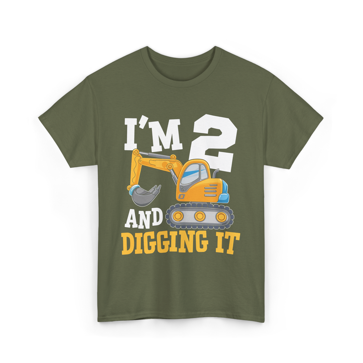 Two Birthday Excavator T-Shirt - Military Green