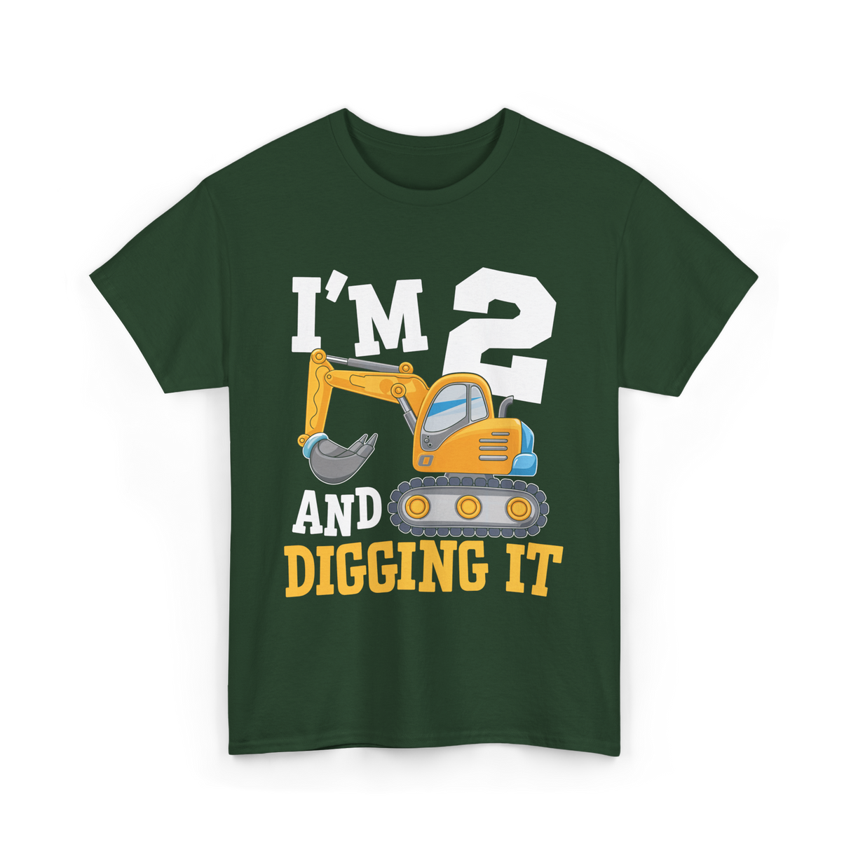 Two Birthday Excavator T-Shirt - Forest Green