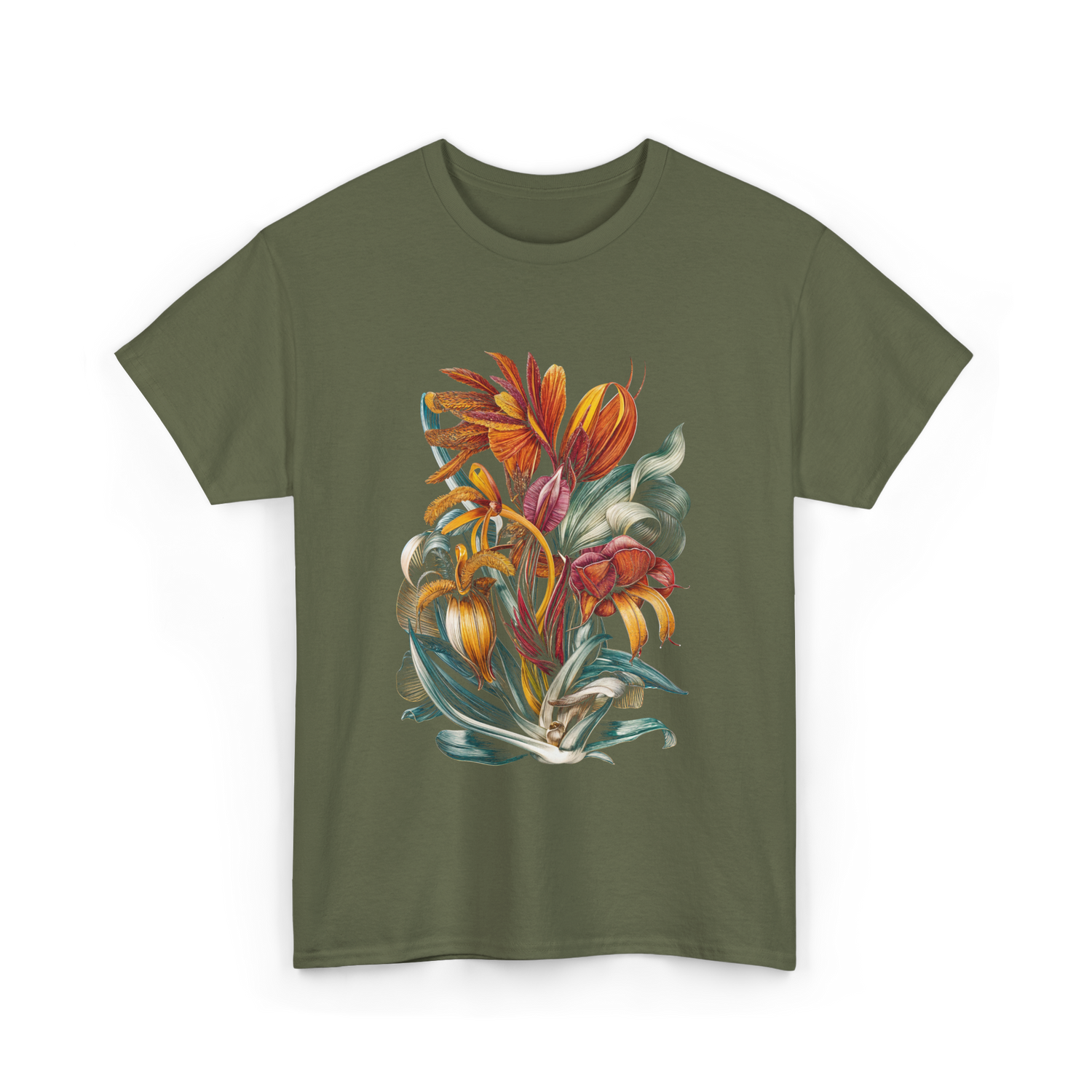 Vintage Botanical Plants Floral Art T-Shirt - Military Green