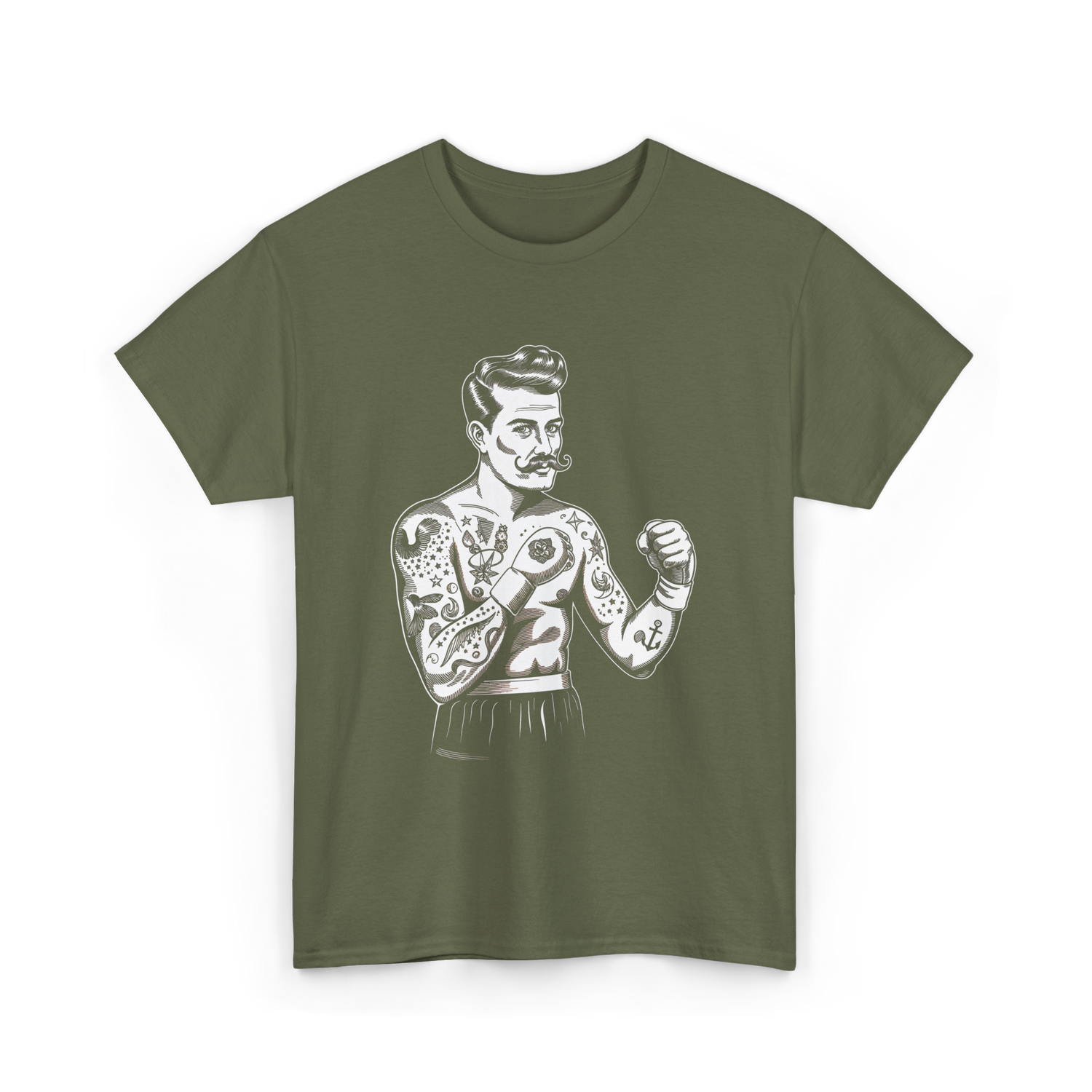 Vintage Boxing Champion Tattoo Fighter Art T-Shirt - Military Green