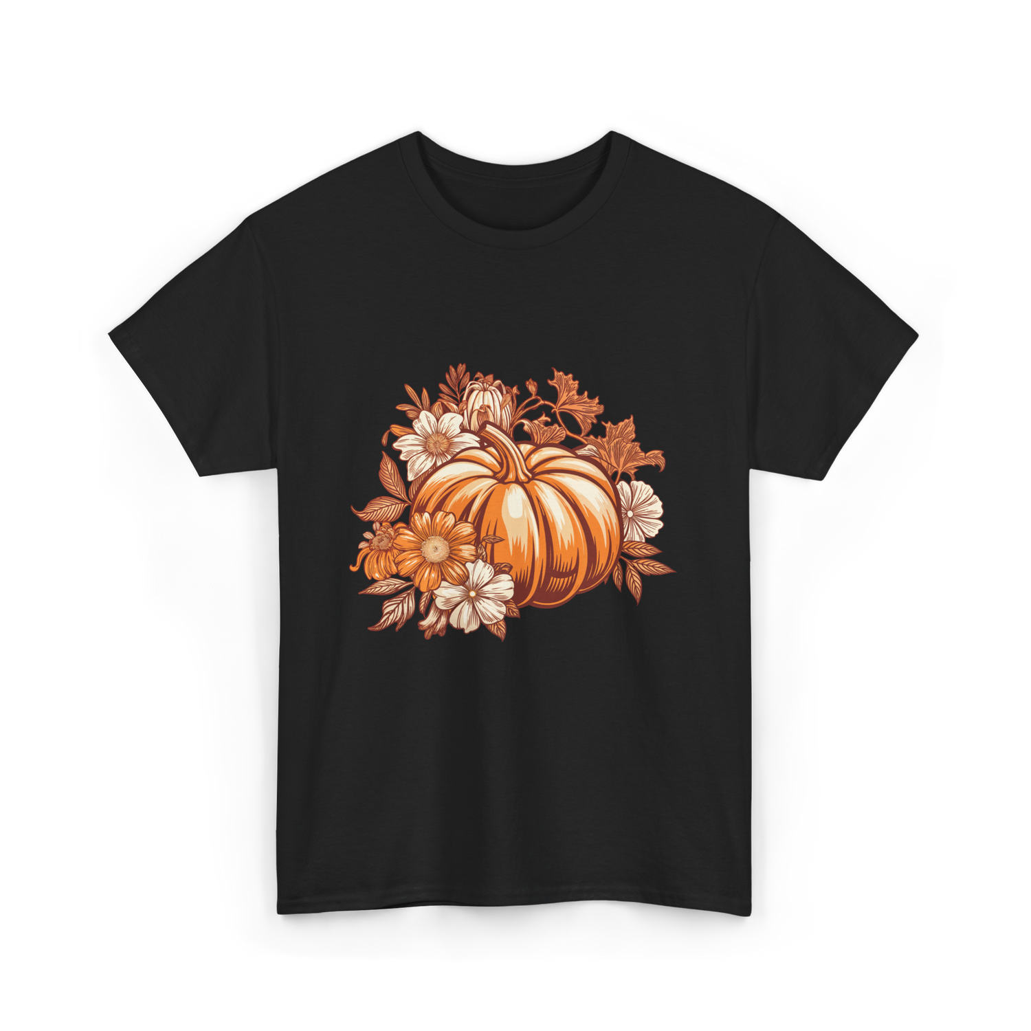 Vintage Pumpkin Floral Autumn T-Shirt - Black