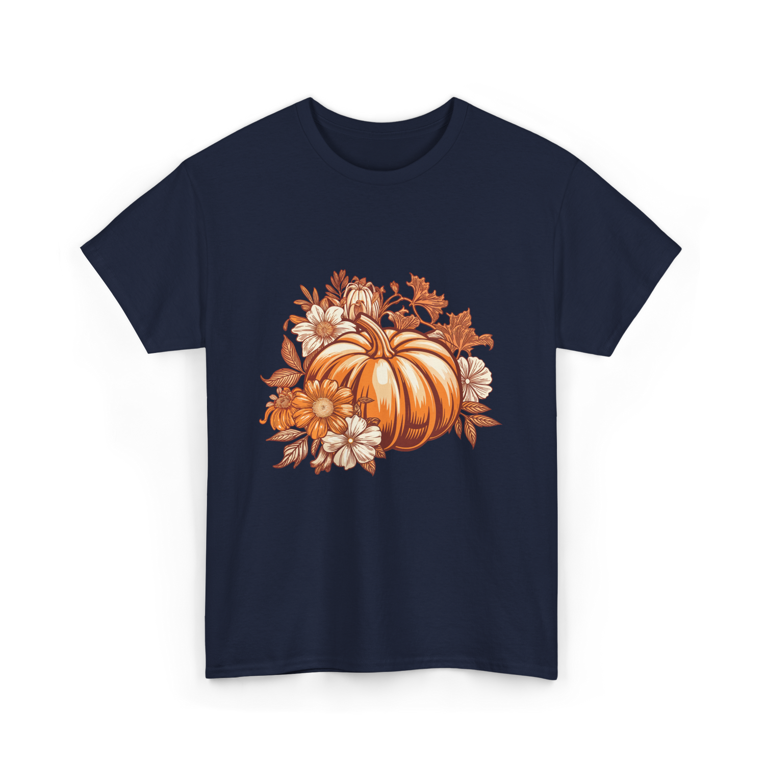 Vintage Pumpkin Floral Autumn T-Shirt - Navy