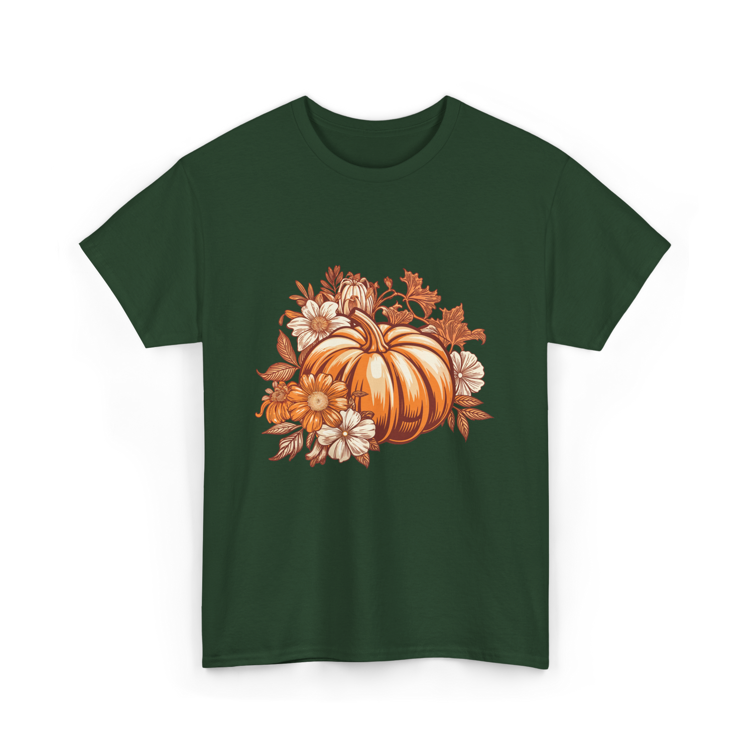 Vintage Pumpkin Floral Autumn T-Shirt - Forest Green