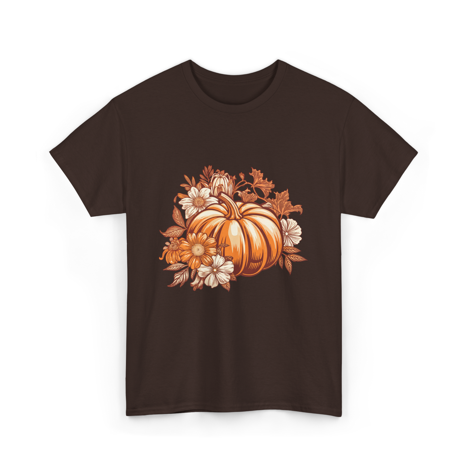 Vintage Pumpkin Floral Autumn T-Shirt - Dark Chocolate