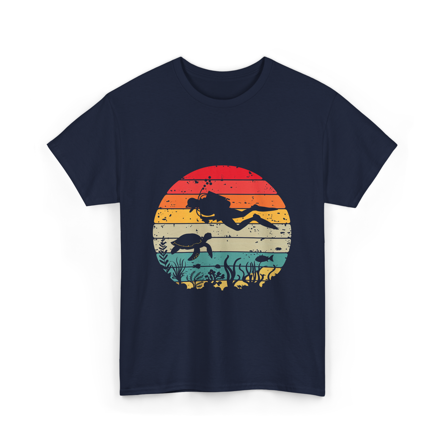 Vintage Scuba Diver Diving Scene T-Shirt - Navy