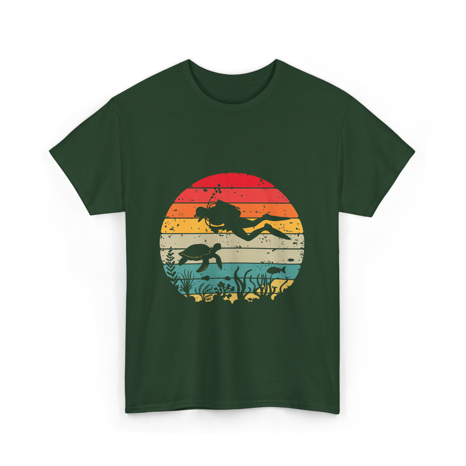 Vintage Scuba Diver Diving Scene T-Shirt - Forest Green