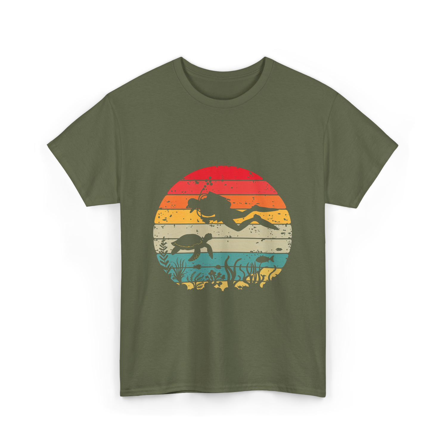 Vintage Scuba Diver Diving Scene T-Shirt - Military Green