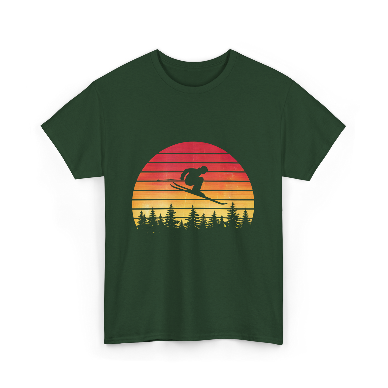 Vintage Sunset Skiing Skiers T-Shirt - Forest Green