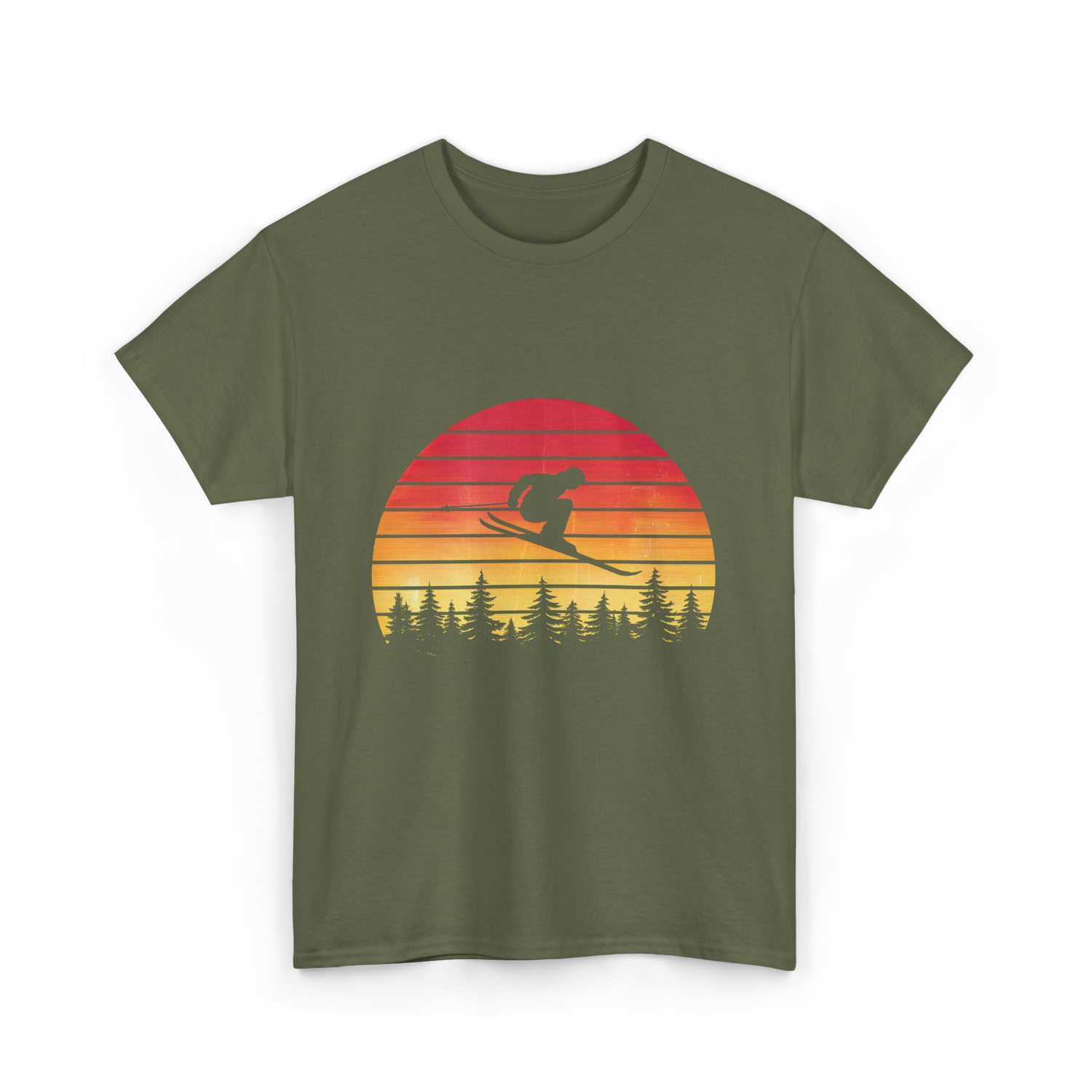 Vintage Sunset Skiing Skiers T-Shirt - Military Green