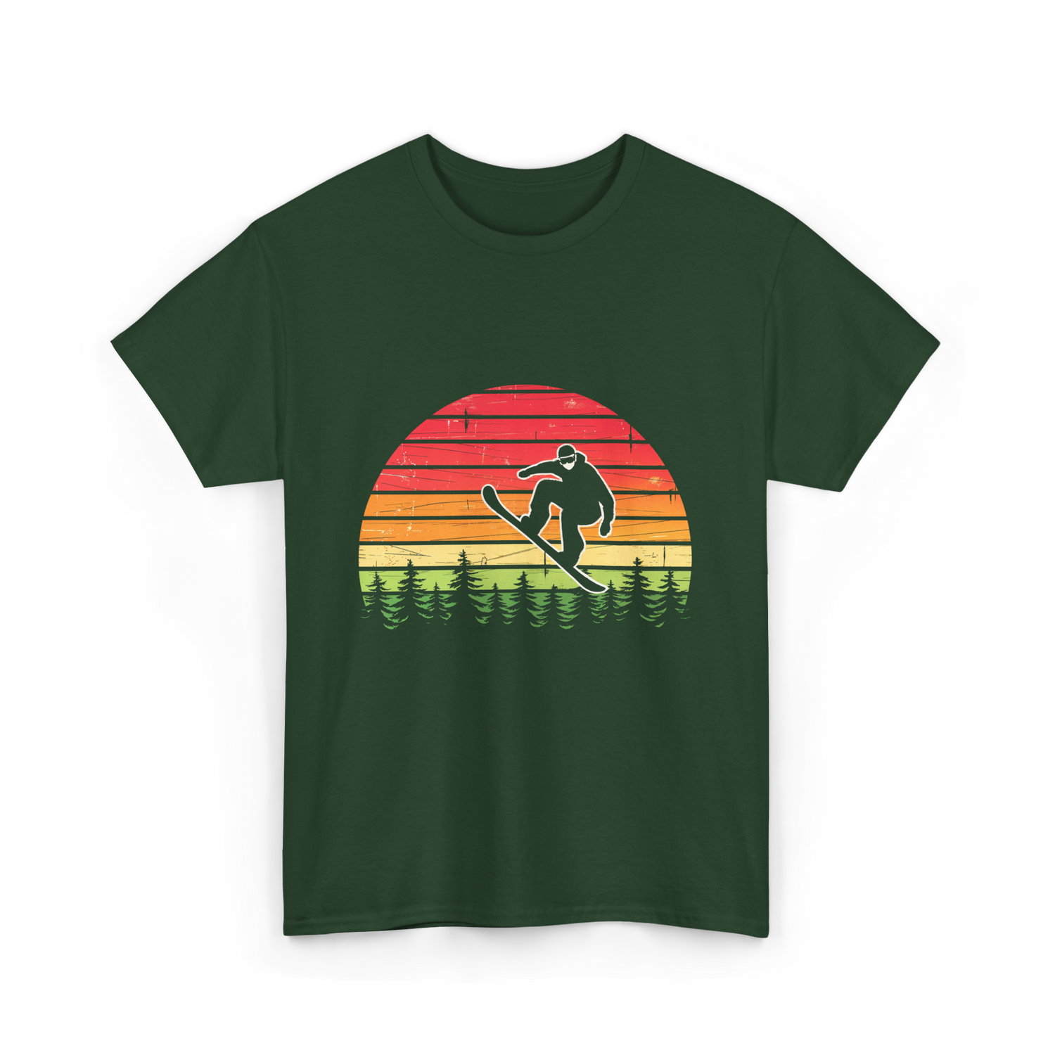 Vintage Sunset Snowboarding Snowboarder T-Shirt - Forest Green