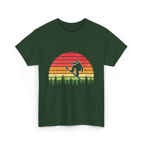 Vintage Sunset Snowboarding Snowboarder T-Shirt - Forest Green