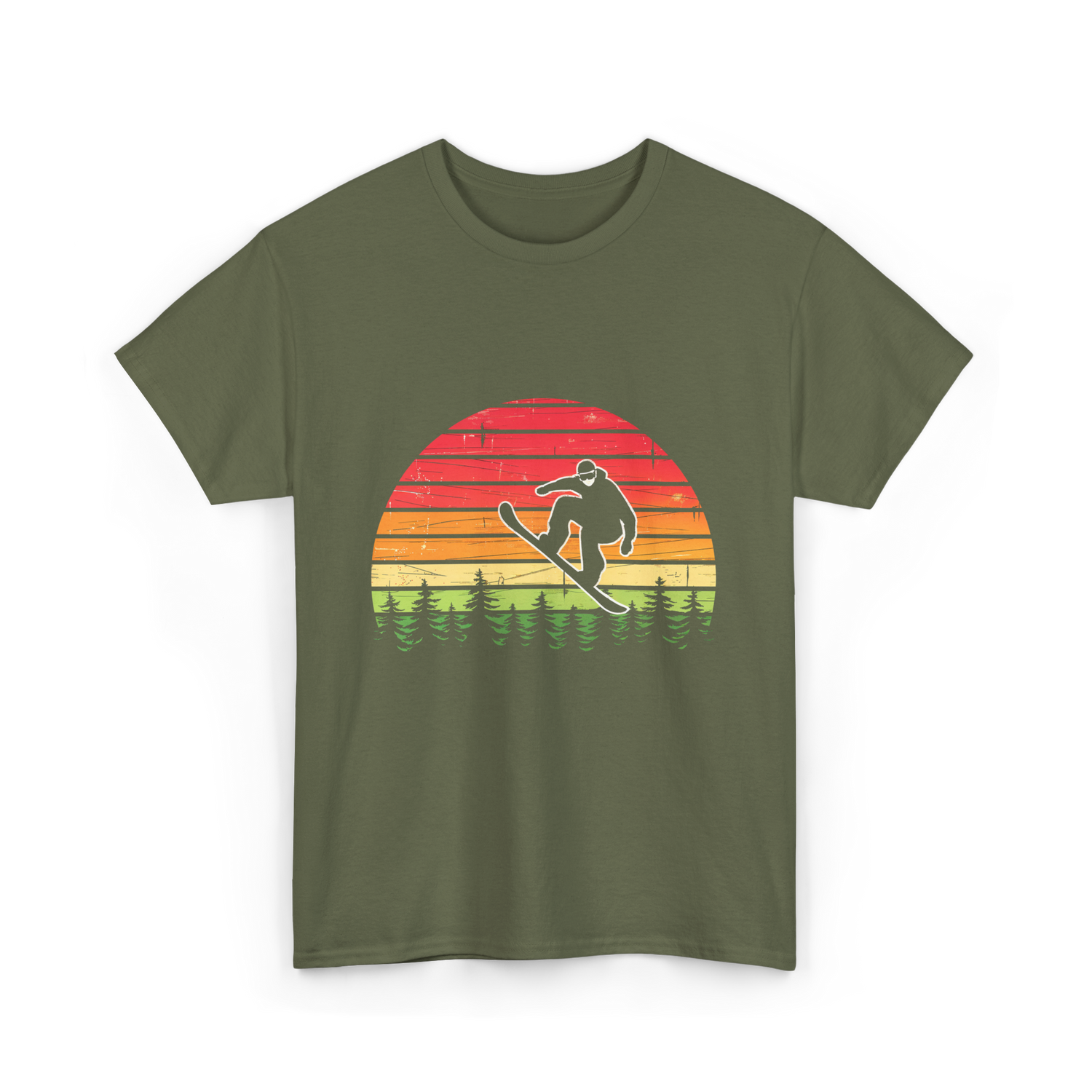 Vintage Sunset Snowboarding Snowboarder T-Shirt - Military Green