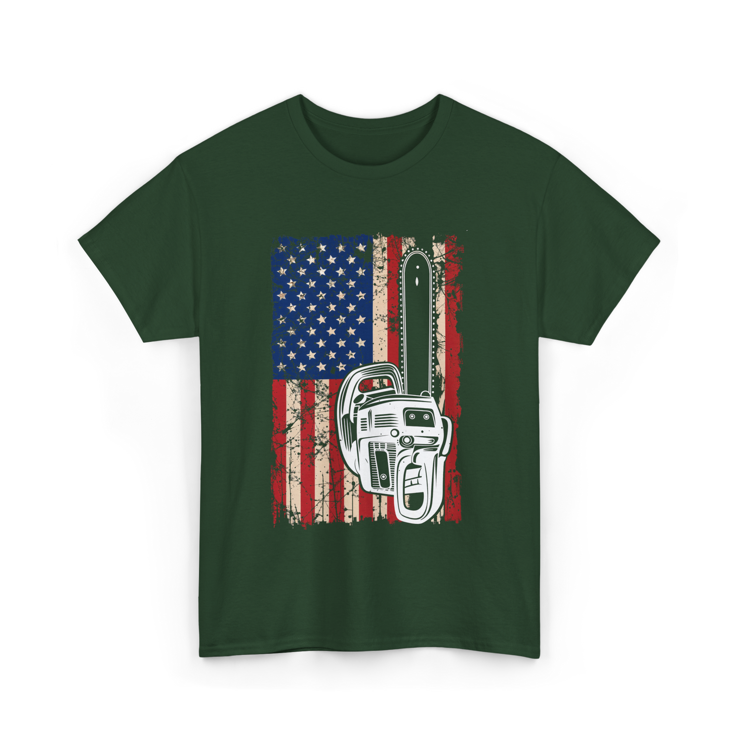 Vintage US Flag Chainsaw Logger T-Shirt - Forest Green