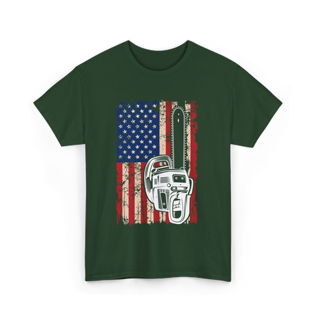 Vintage US Flag Chainsaw Logger T-Shirt - Forest Green