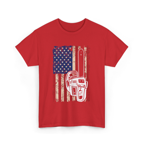 Vintage US Flag Chainsaw Logger T-Shirt - Red