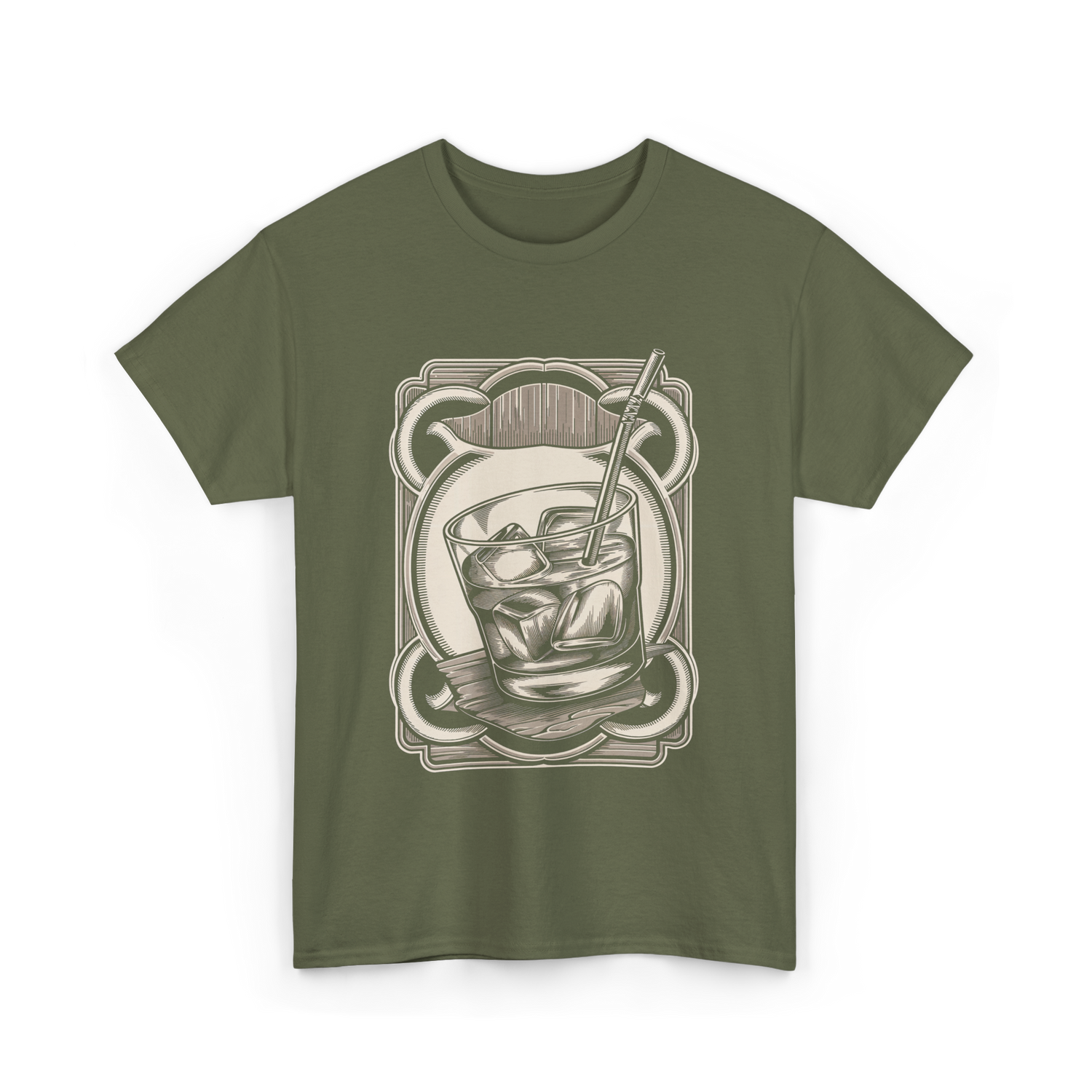 Vintage Whiskey Glass Drink T-Shirt - Military Green