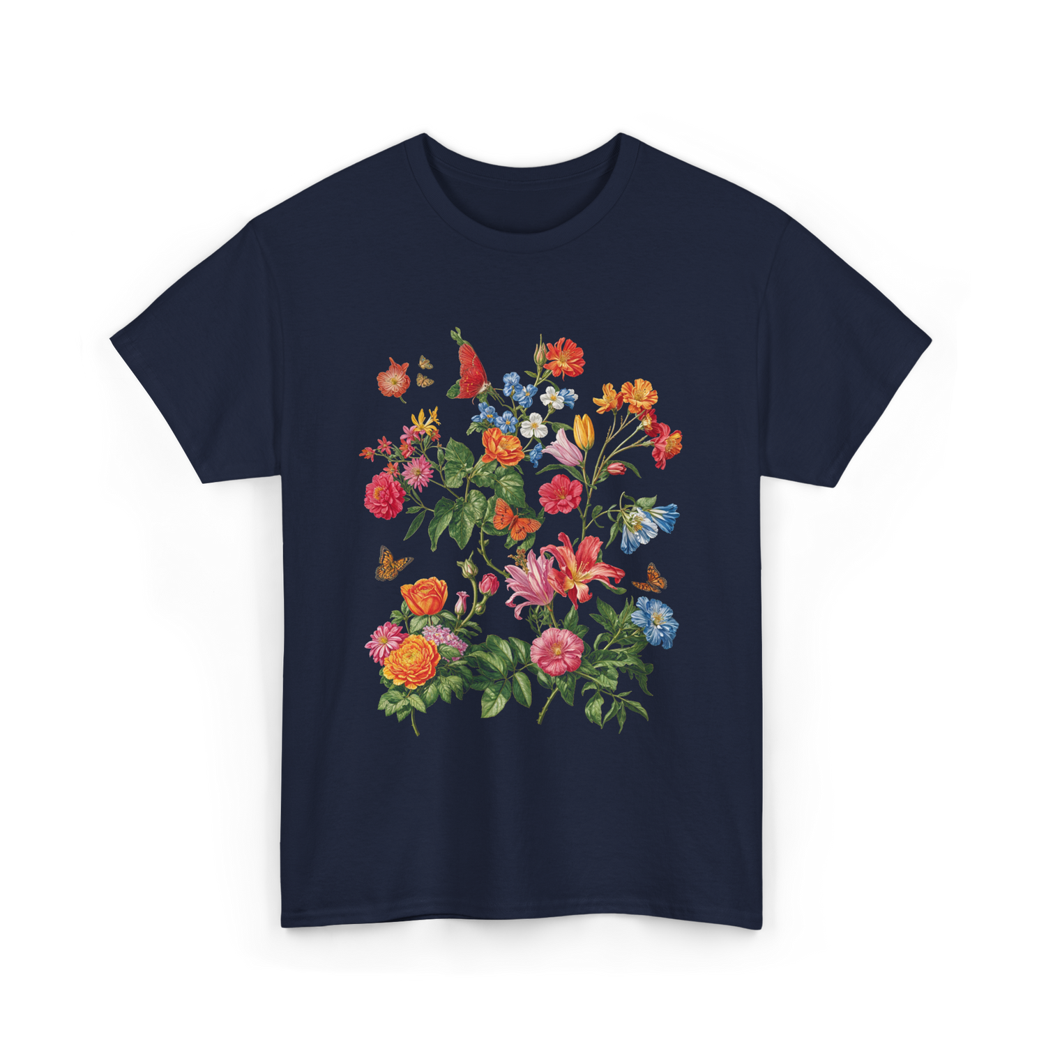 Vintage Wild Botanical Flowers Gardening T-Shirt - Navy