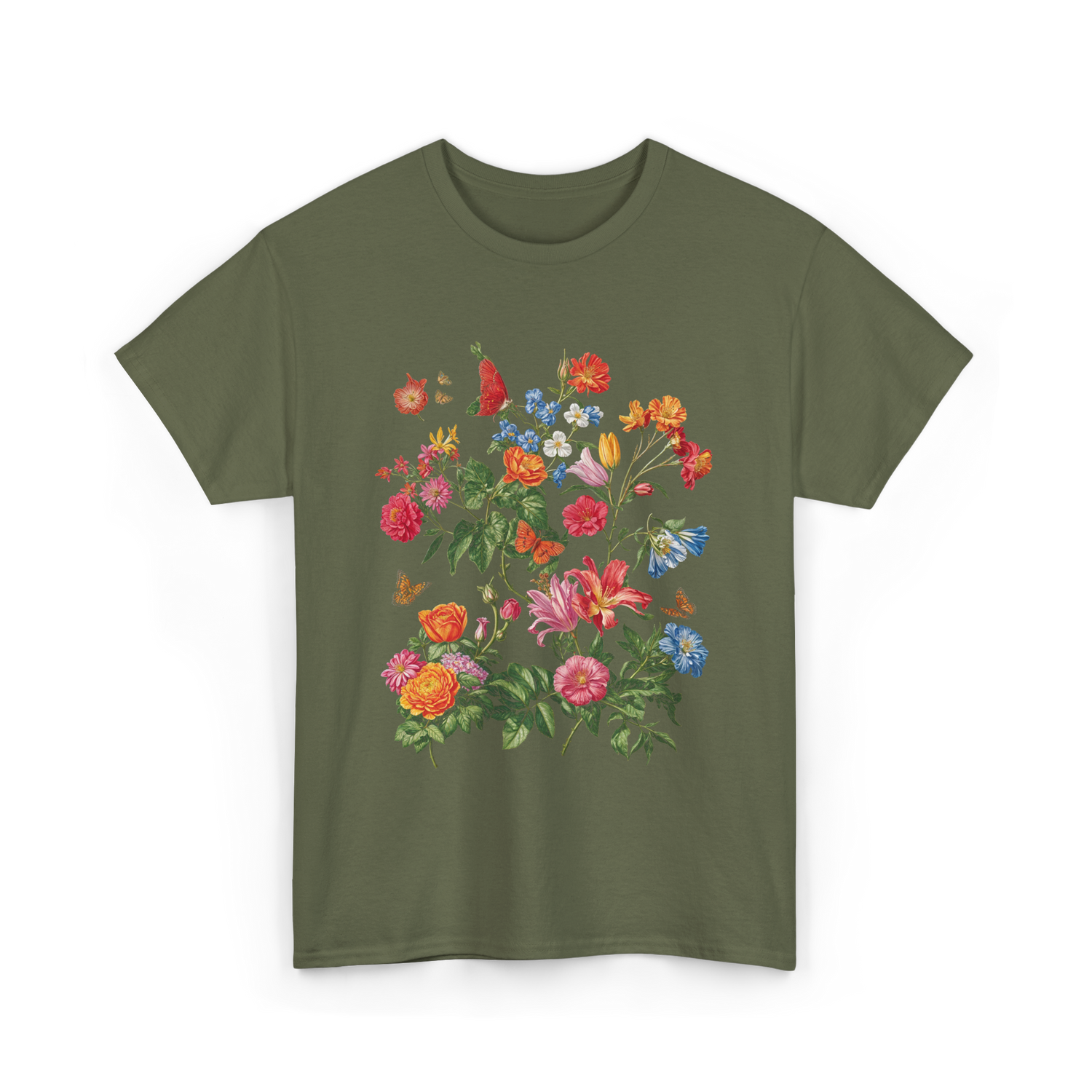 Vintage Wild Botanical Flowers Gardening T-Shirt - Military Green
