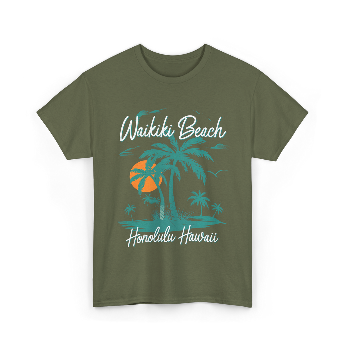 Waikiki Beach Honolulu Hawaii T-Shirt - Military Green