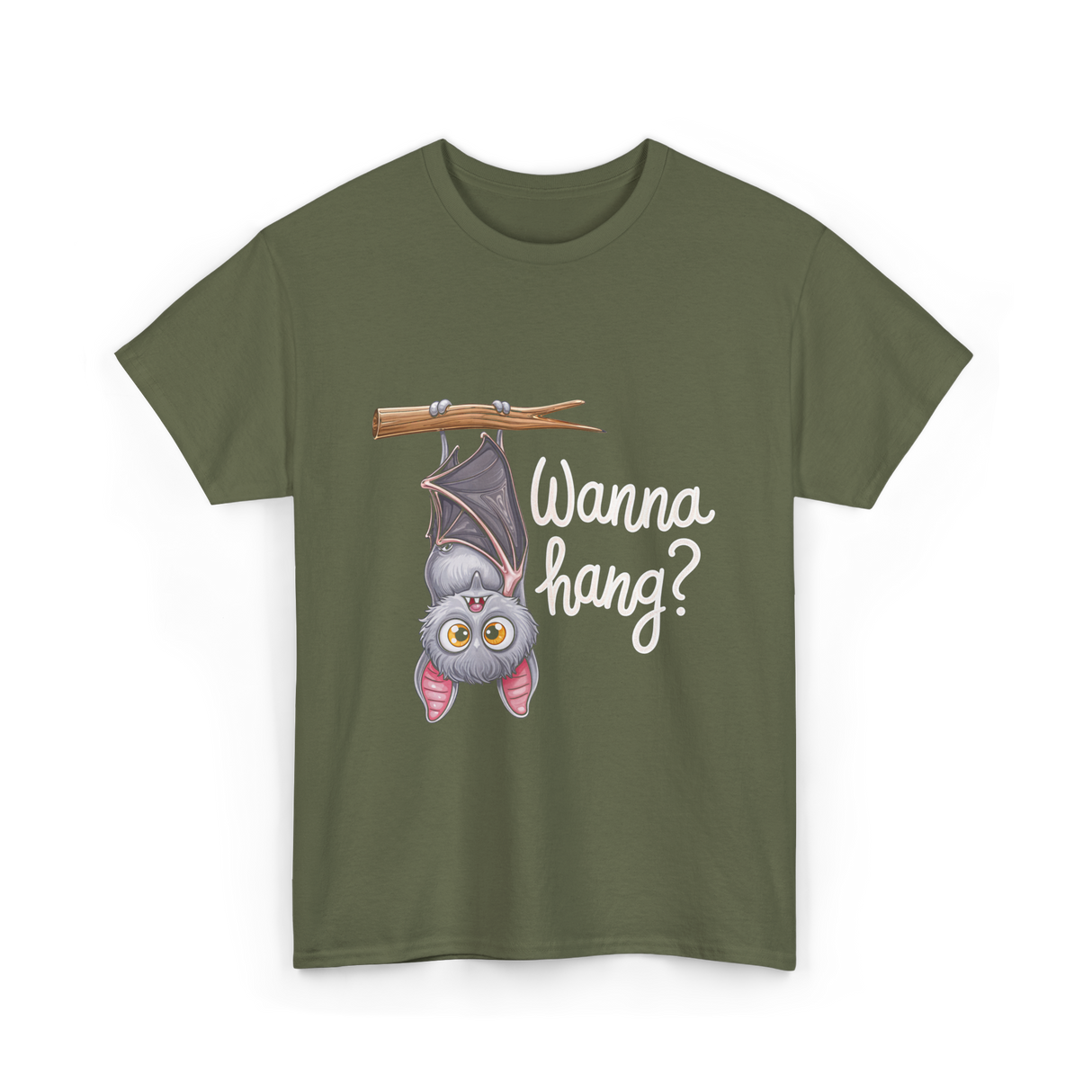 Wanna Hang Bat Halloween T-Shirt - Military Green