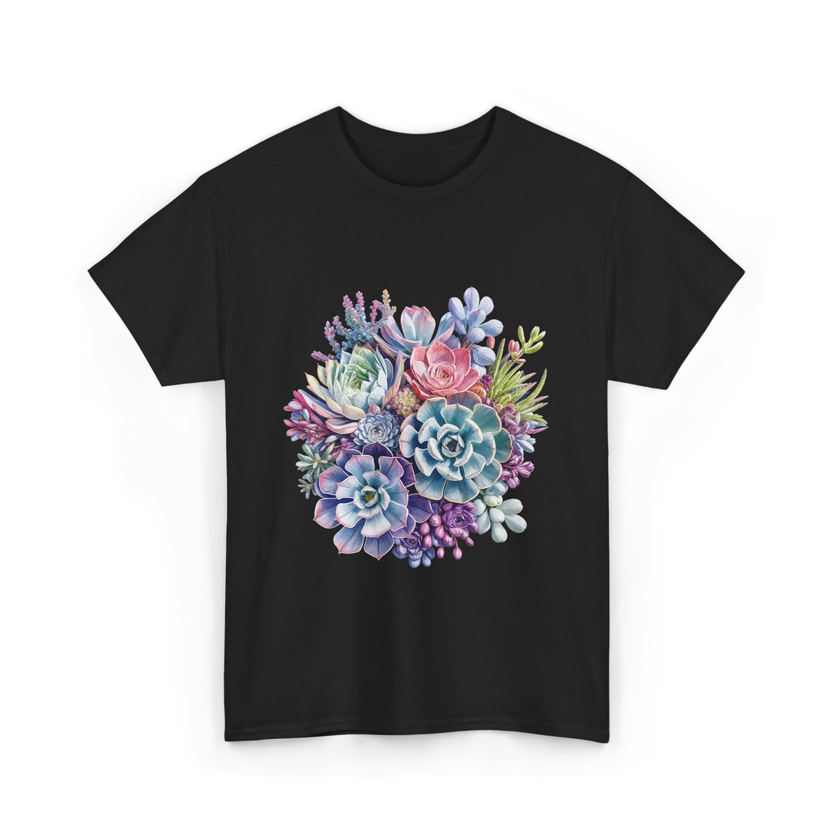 Watercolor Succulent Floral Plants Gardening T-Shirt - Black