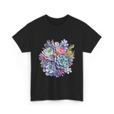 Watercolor Succulent Floral Plants Gardening T-Shirt - Black