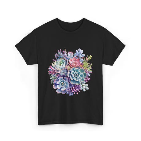 Watercolor Succulent Floral Plants Gardening T-Shirt - Black