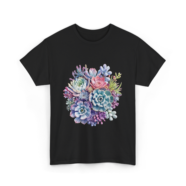 Watercolor Succulent Floral Plants Gardening T-Shirt - Black