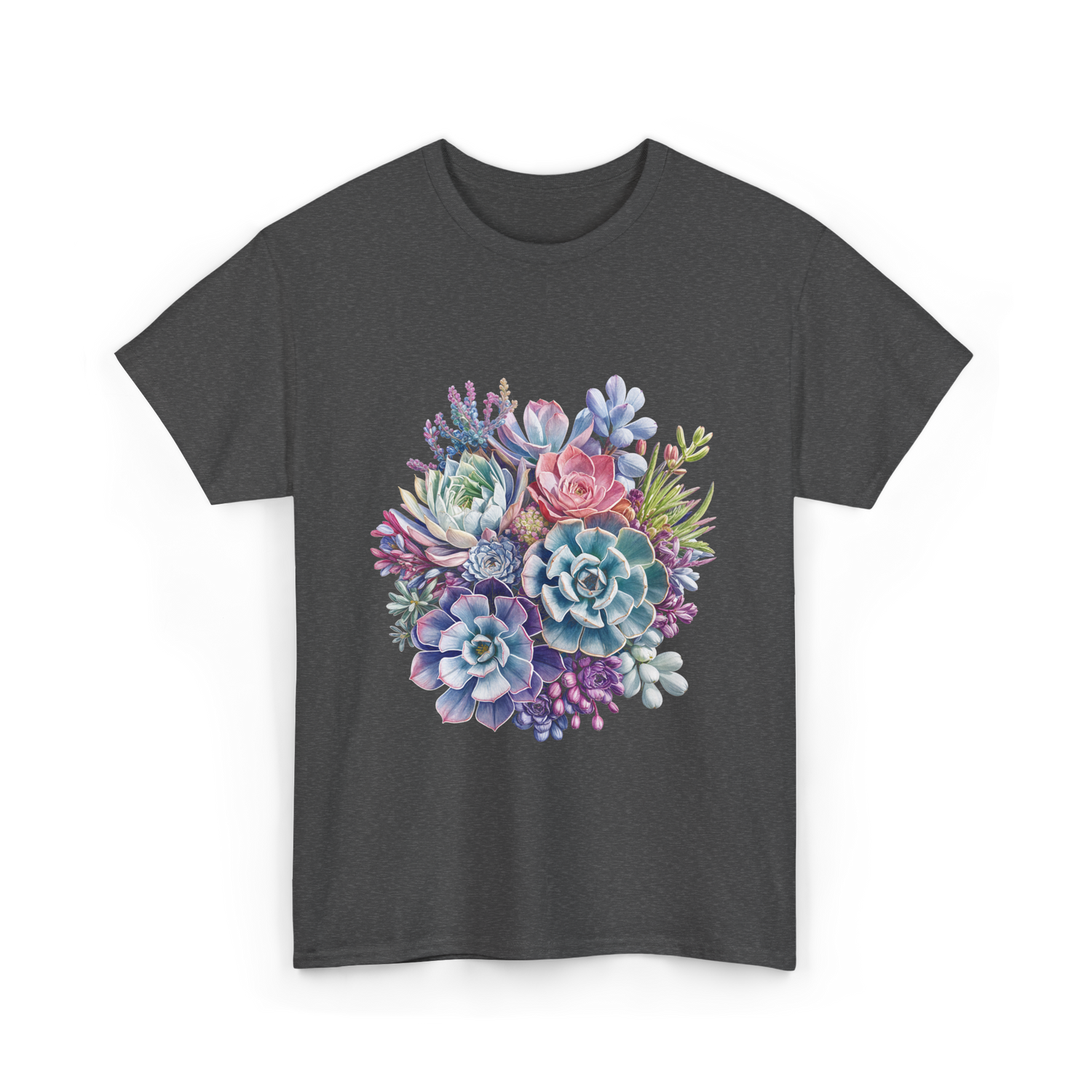 Watercolor Succulent Floral Plants Gardening T-Shirt - Dark Heather