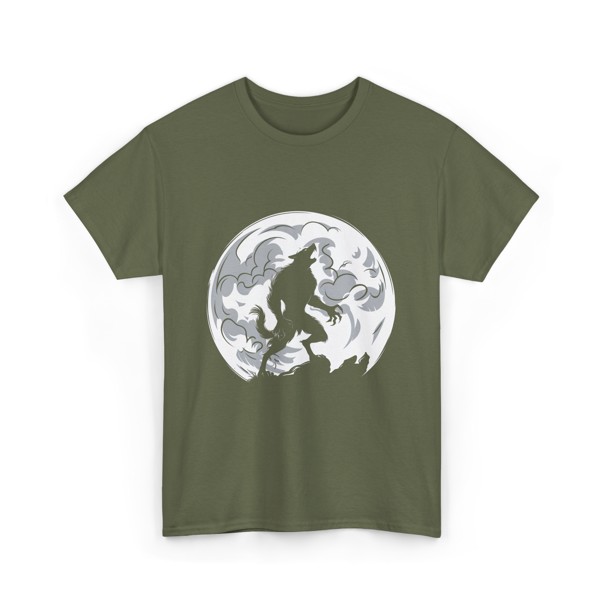 Werewolf Howling Moon Wolf T-Shirt - Military Green