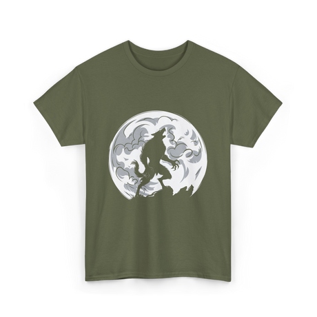 Werewolf Howling Moon Wolf T-Shirt - Military Green