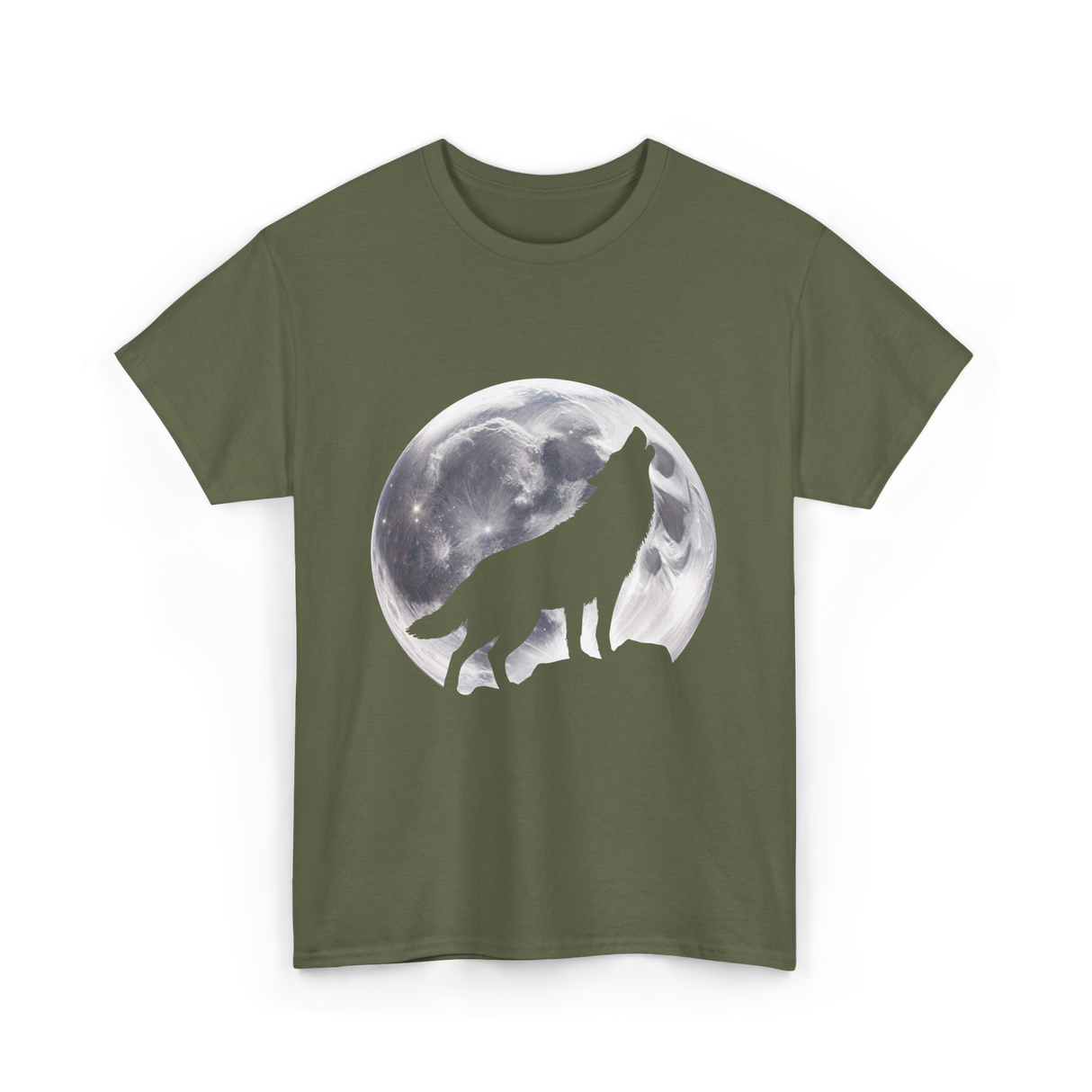 Wolf Howling Moon Wolf Art T-Shirt - Military Green