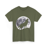 Wolf Howling Moon Wolf Art T-Shirt - Military Green