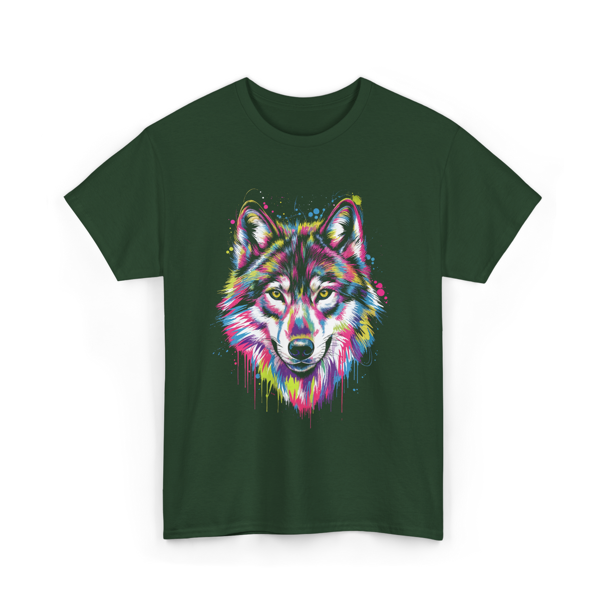 Wolf Splash Art Animal T-Shirt - Forest Green