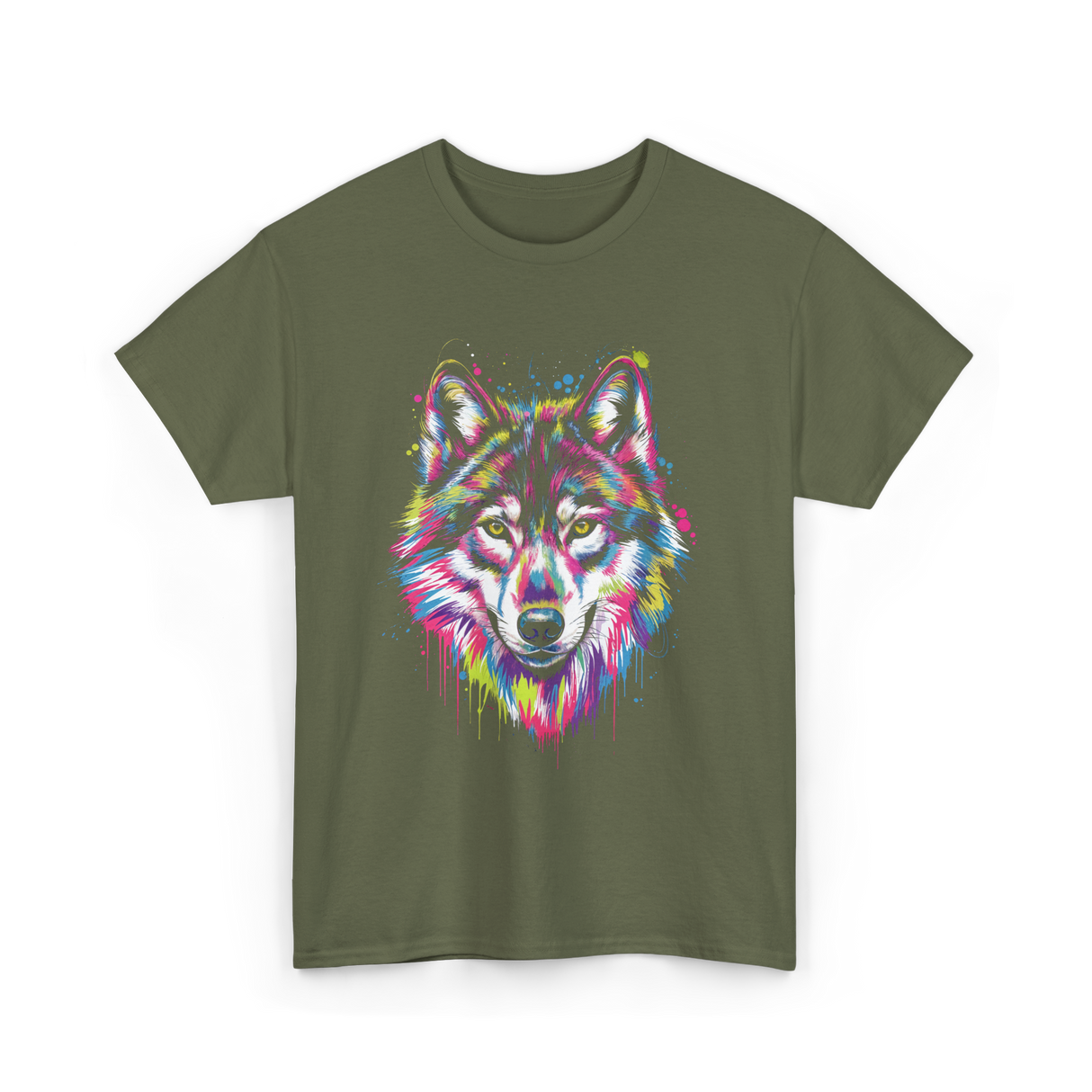 Wolf Splash Art Animal T-Shirt - Military Green