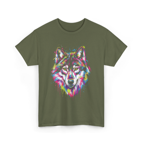 Wolf Splash Art Animal T-Shirt - Military Green