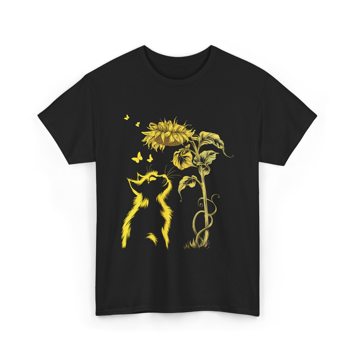 Yellow Kitten Sunflower Nature T-Shirt - Black