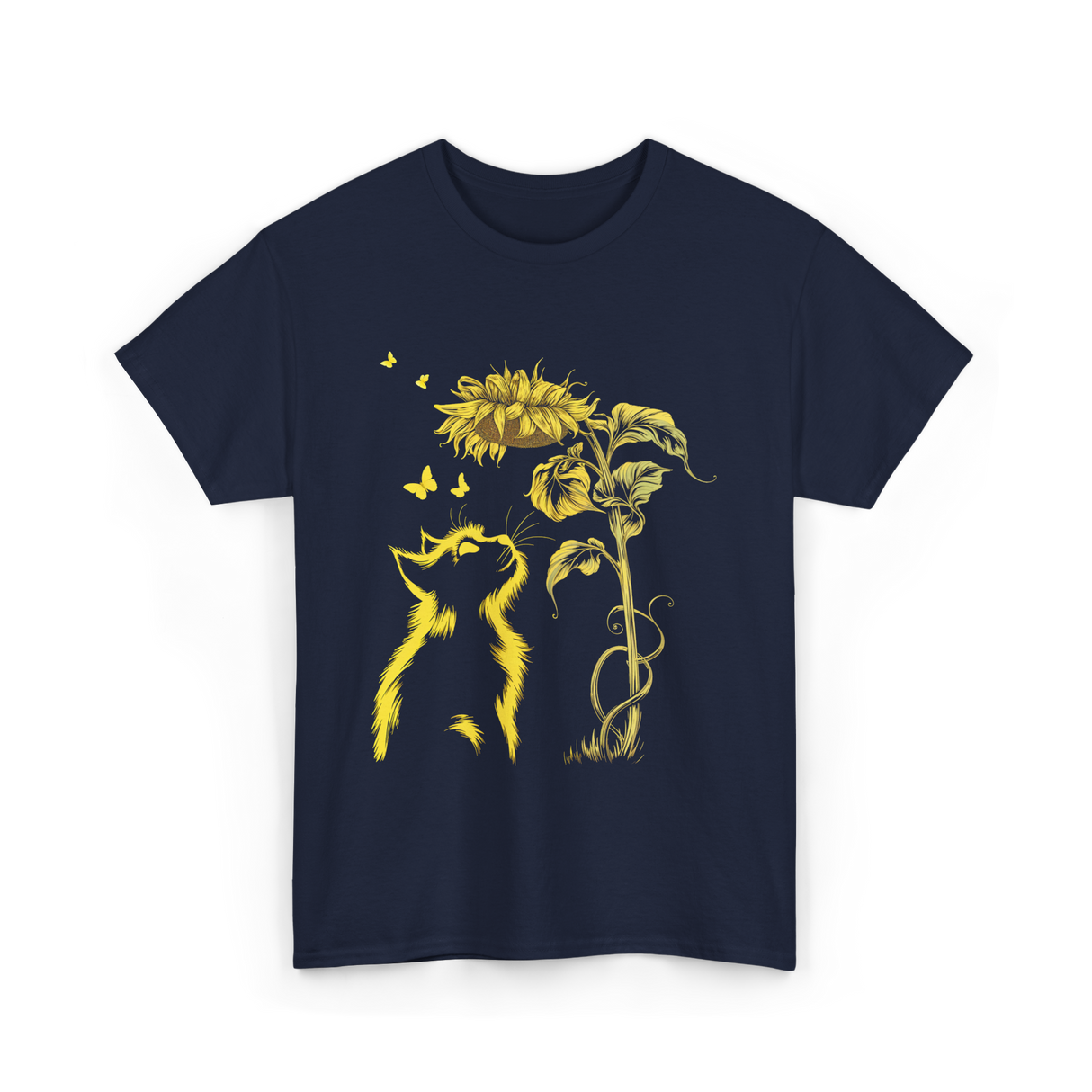 Yellow Kitten Sunflower Nature T-Shirt - Navy