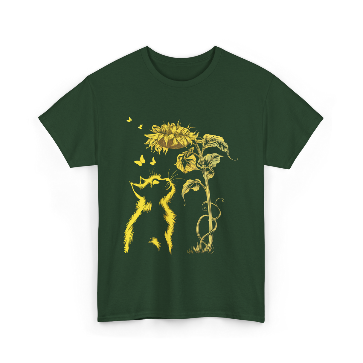 Yellow Kitten Sunflower Nature T-Shirt - Forest Green