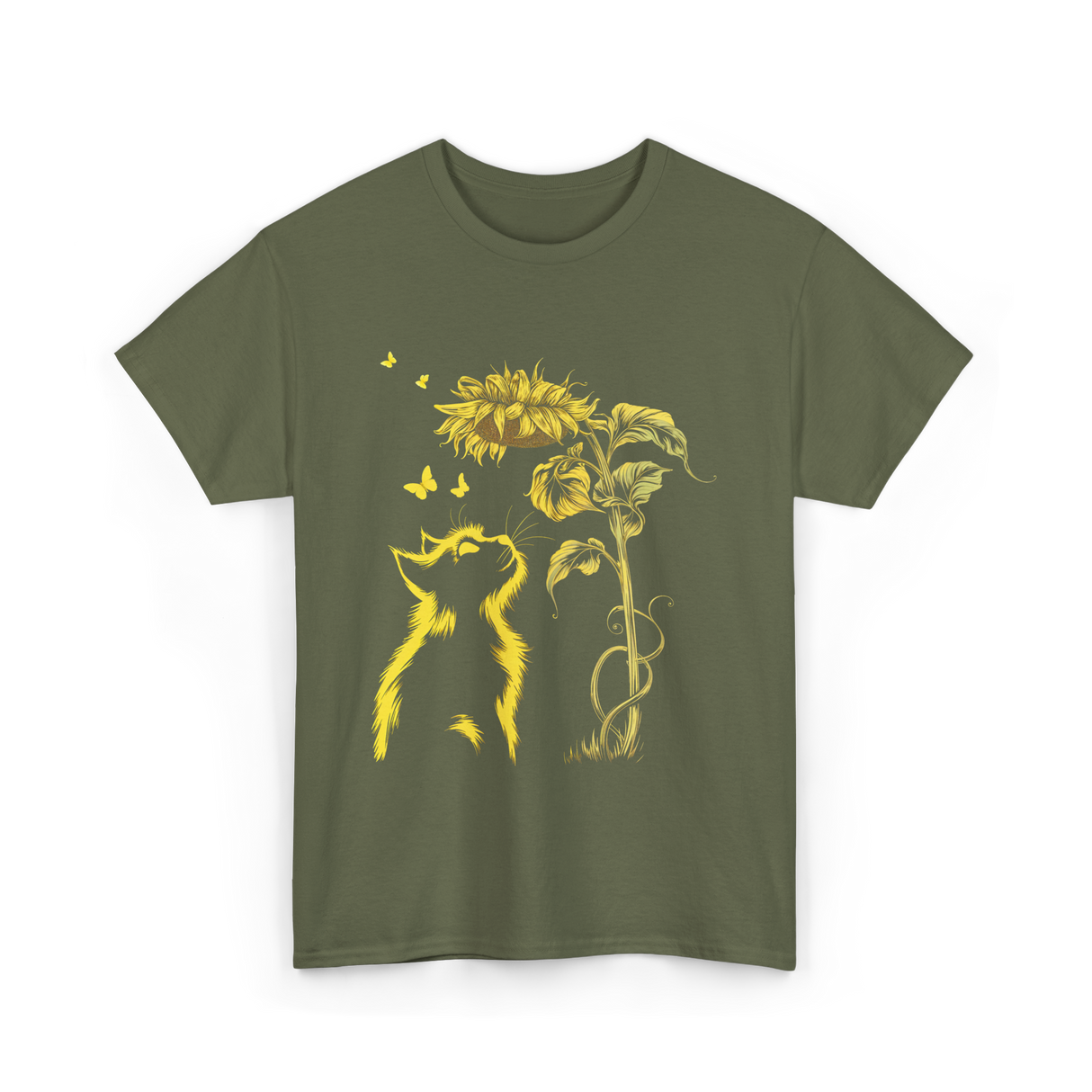 Yellow Kitten Sunflower Nature T-Shirt - Military Green