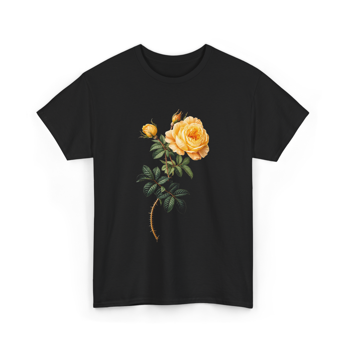 Yellow Rose Botanical Art Floral T-Shirt - Black