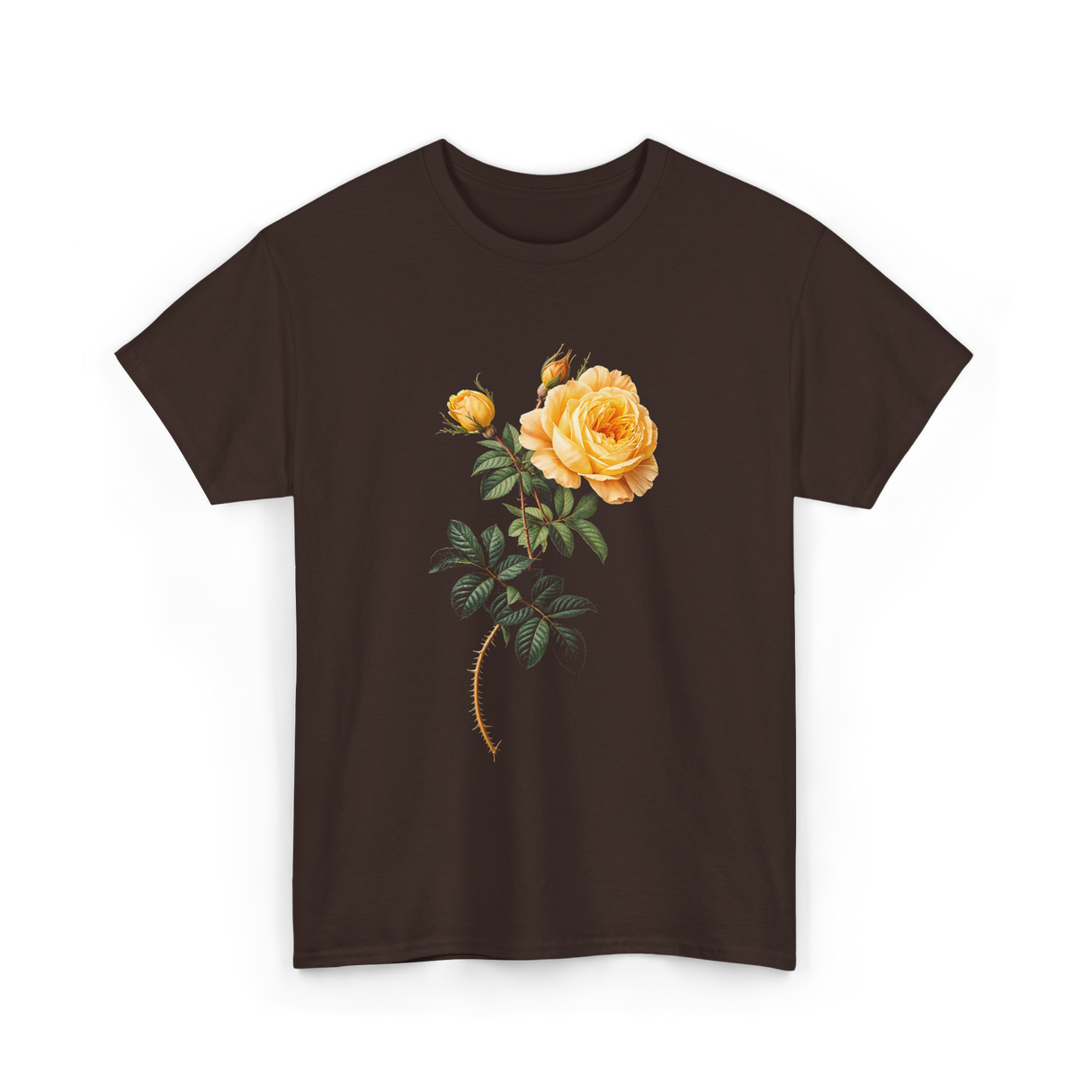 Yellow Rose Botanical Art Floral T-Shirt - Dark Chocolate