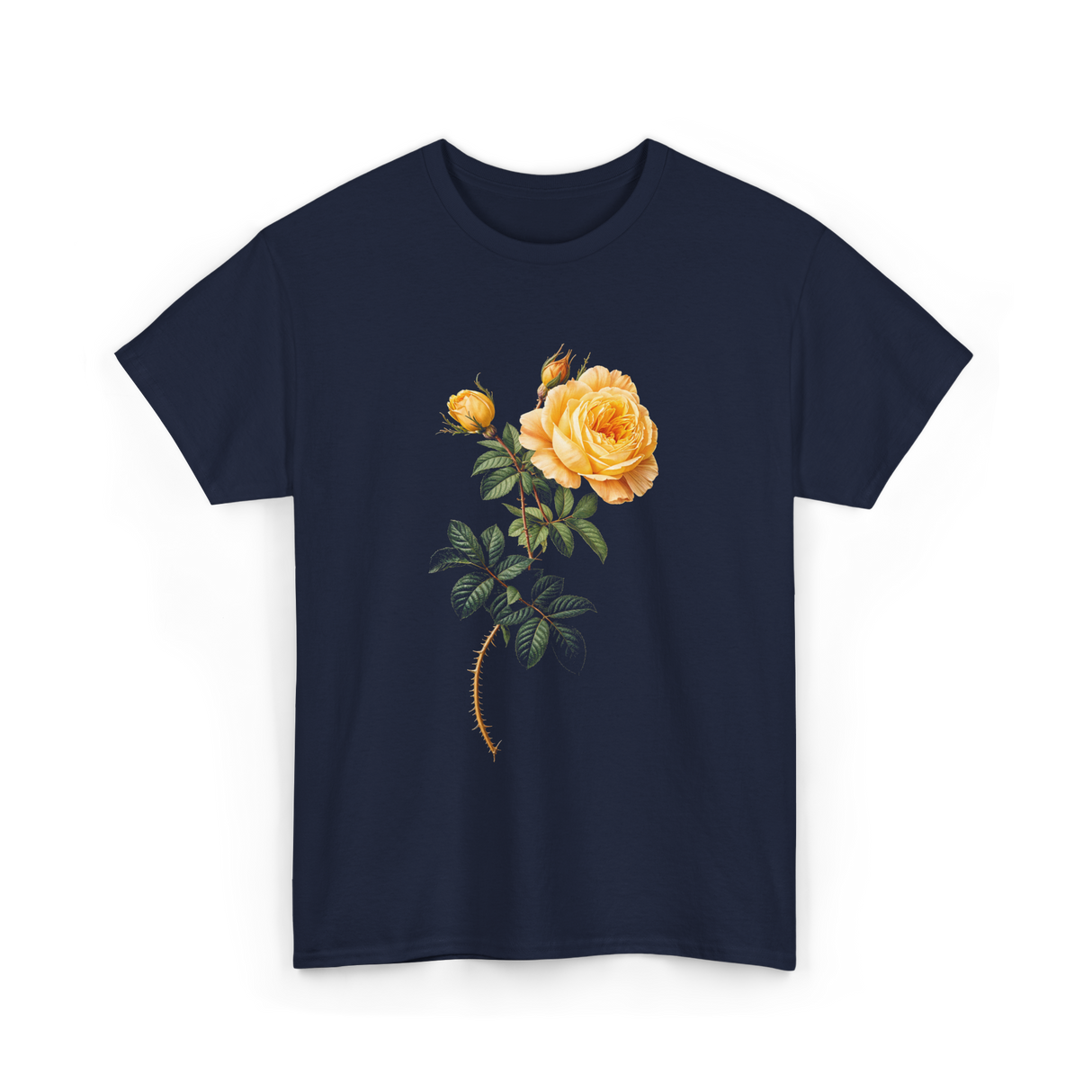 Yellow Rose Botanical Art Floral T-Shirt - Navy