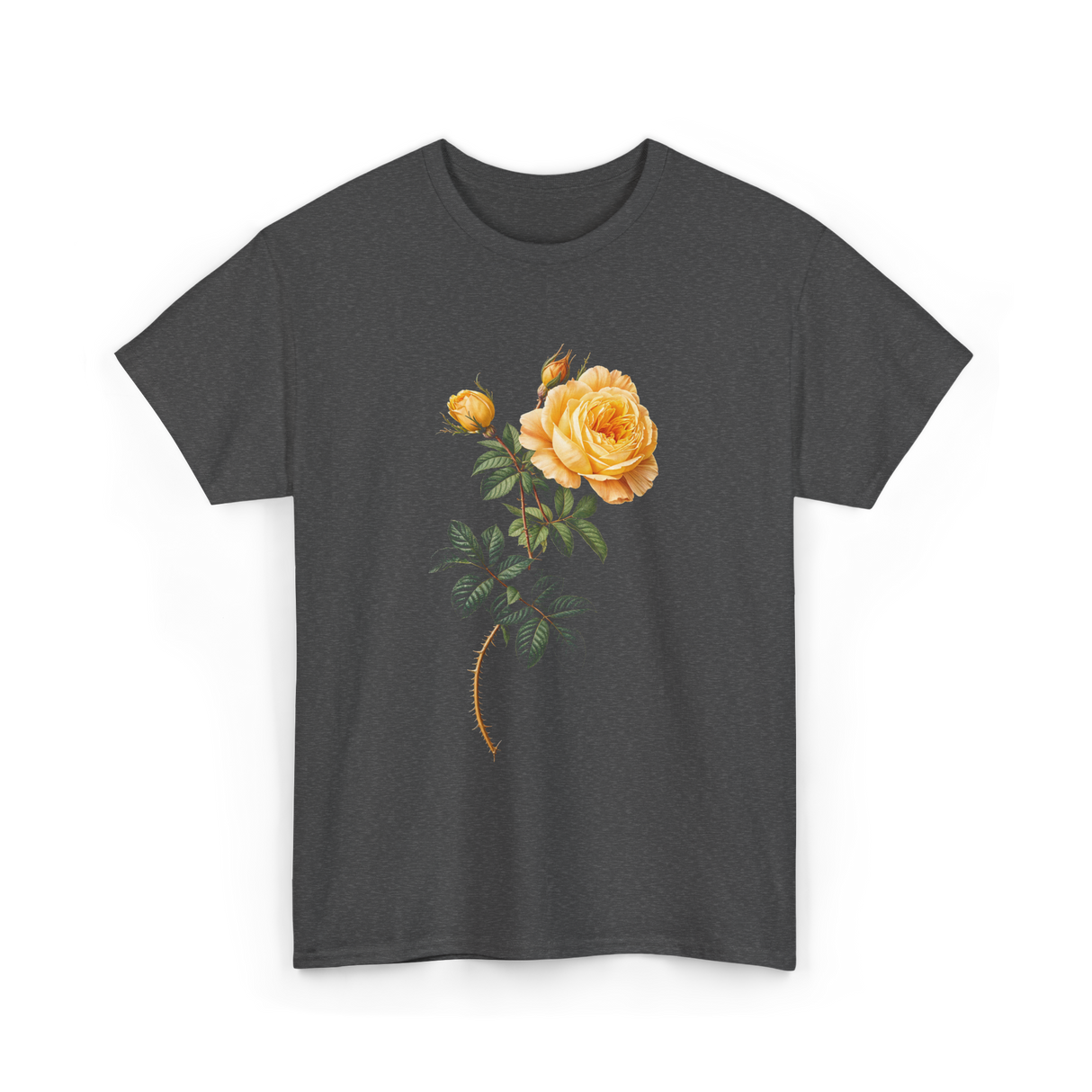 Yellow Rose Botanical Art Floral T-Shirt - Dark Heather